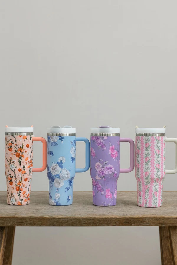 Floral Flowers 40 OZ Tumbler with Handle Insulated Stainless Steel Water Bottles