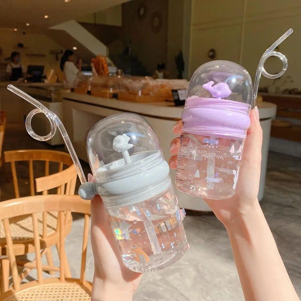 Straw Bottle with Lanyard Cute Design Portable Whale Sprays Water Kids Bottle for Outdoor