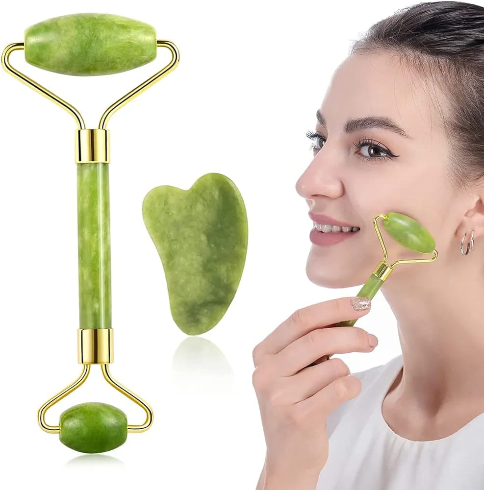 Jade Roller and Gua Sha Set, Beyond Jade Face Roller - Face Massager, Facial Roller for Skin, Eyes, Neck - Noiseless