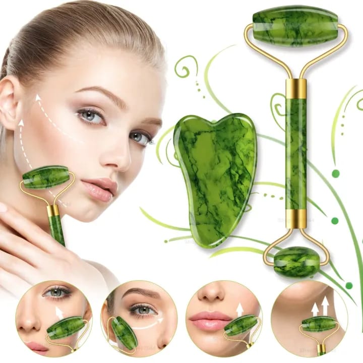 Jade Roller and Gua Sha Set, Beyond Jade Face Roller - Face Massager, Facial Roller for Skin, Eyes, Neck - Noiseless