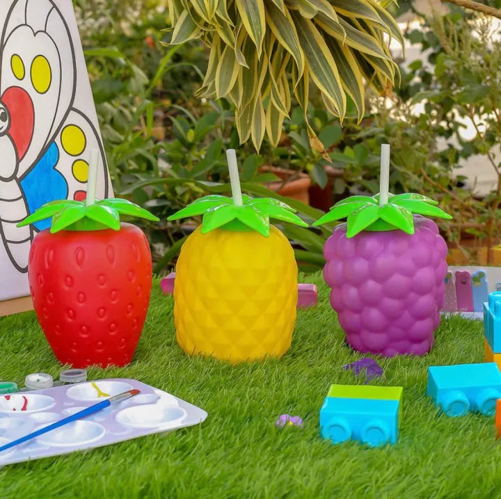 Colourful Fruit Shape Plastic Juice Glass with White Straw | Reusable