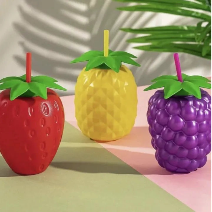 Colourful Fruit Shape Plastic Juice Glass with White Straw | Reusable