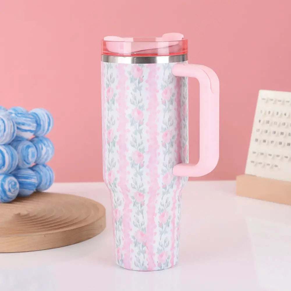 Floral Flowers 40 OZ Tumbler with Handle Insulated Stainless Steel Water Bottles