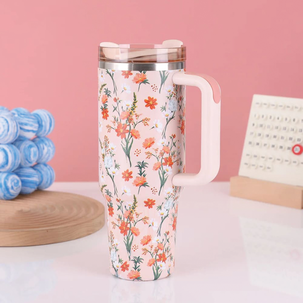 Floral Flowers 40 OZ Tumbler with Handle Insulated Stainless Steel Water Bottles