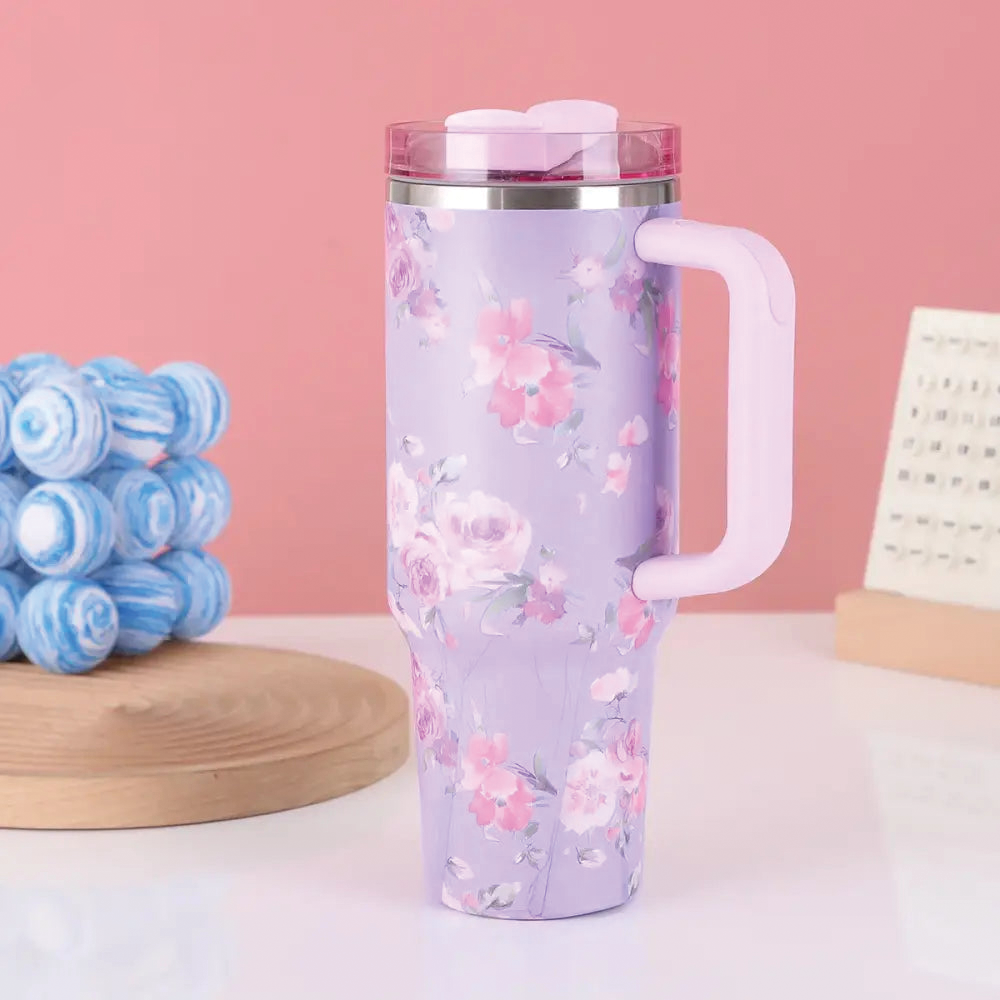 Floral Flowers 40 OZ Tumbler with Handle Insulated Stainless Steel Water Bottles