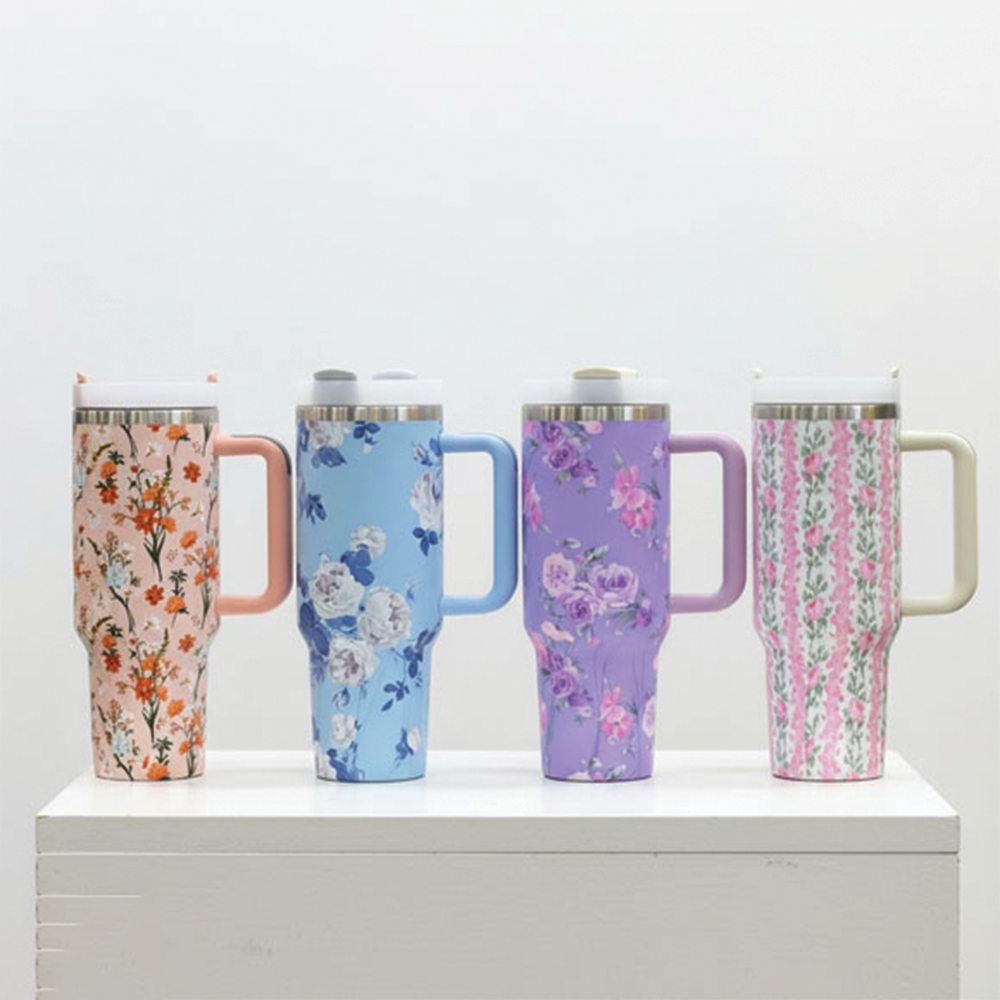Floral Flowers 40 OZ Tumbler with Handle Insulated Stainless Steel Water Bottles